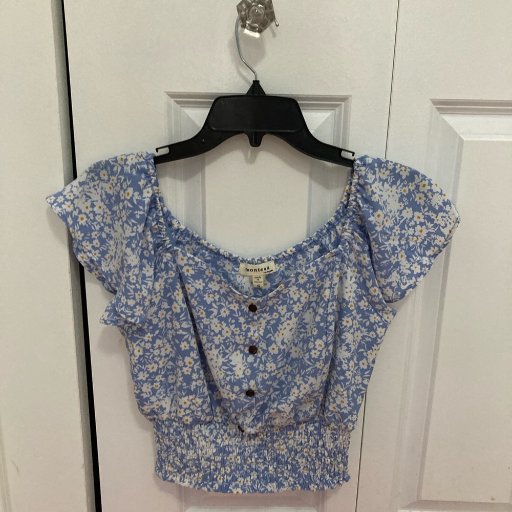 Monteau LA Womens Floral Off Shoulder Shirred Waist Cropped Top Size‎ Small